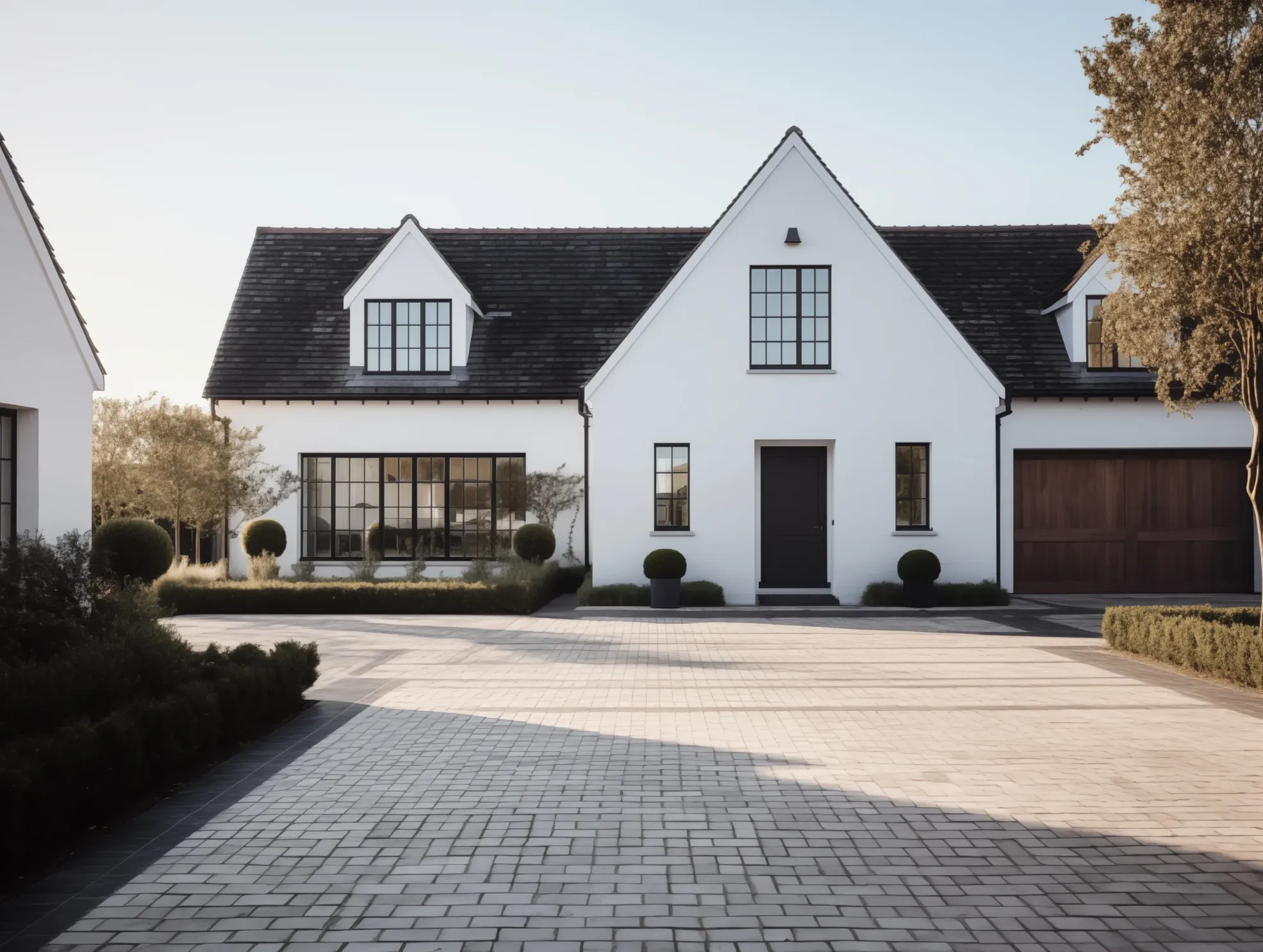 house with white brick exterior siding and black roof.