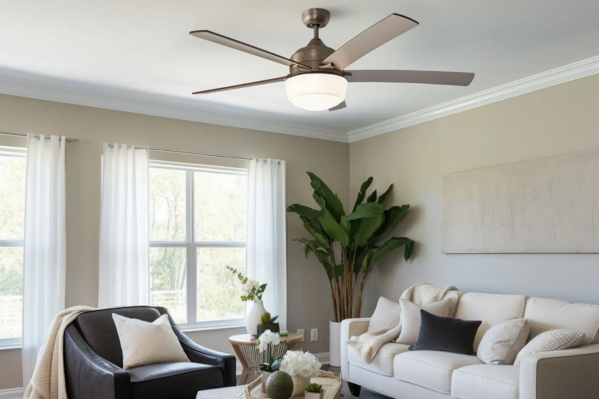 beige living room with a fan in the center