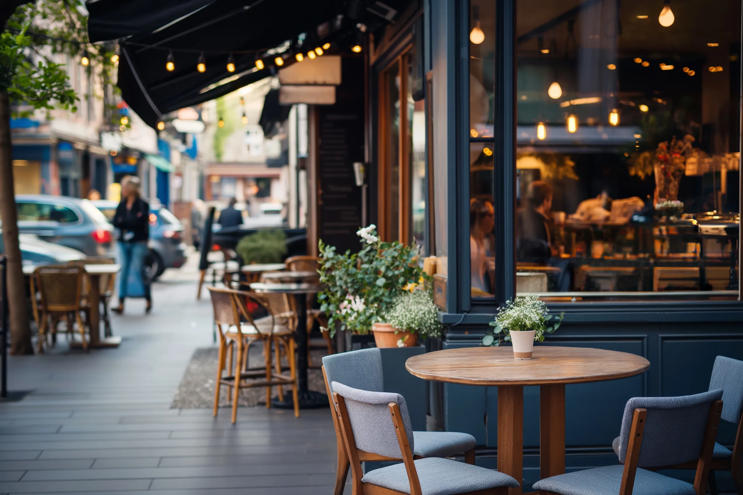 outdoor of restaurant with wood tables and navy blue chairs.